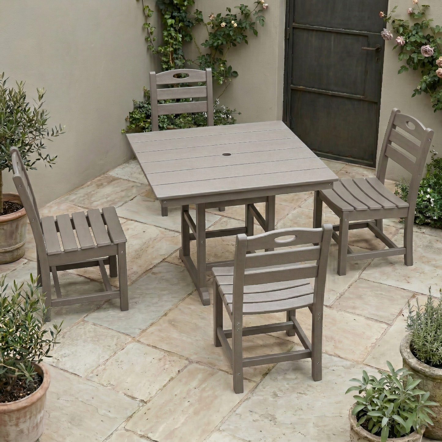 Antique Wood Color HDPE 5-Piece Outdoor Patio Dining Set with Square Table and 4 Armless Chairs, Umbrella Hole