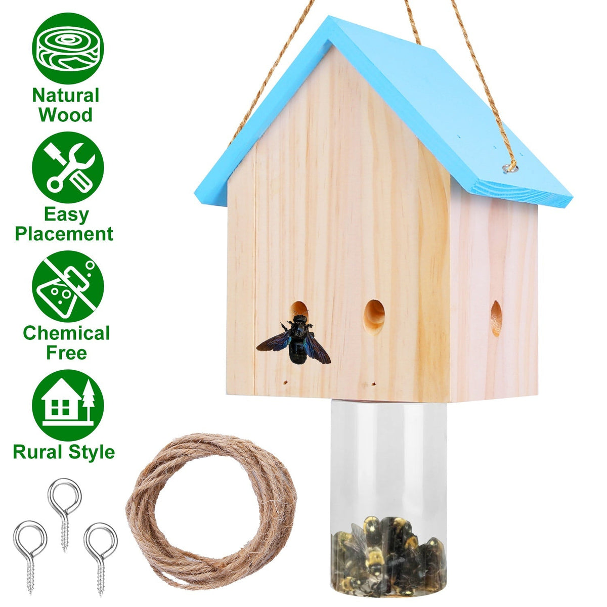 Wood Carpenter Bee Trap Outdoor Natural Pine Wood Outdoor Hanging Wooden Bee Trap For Outside Patio Deck Eave Fence