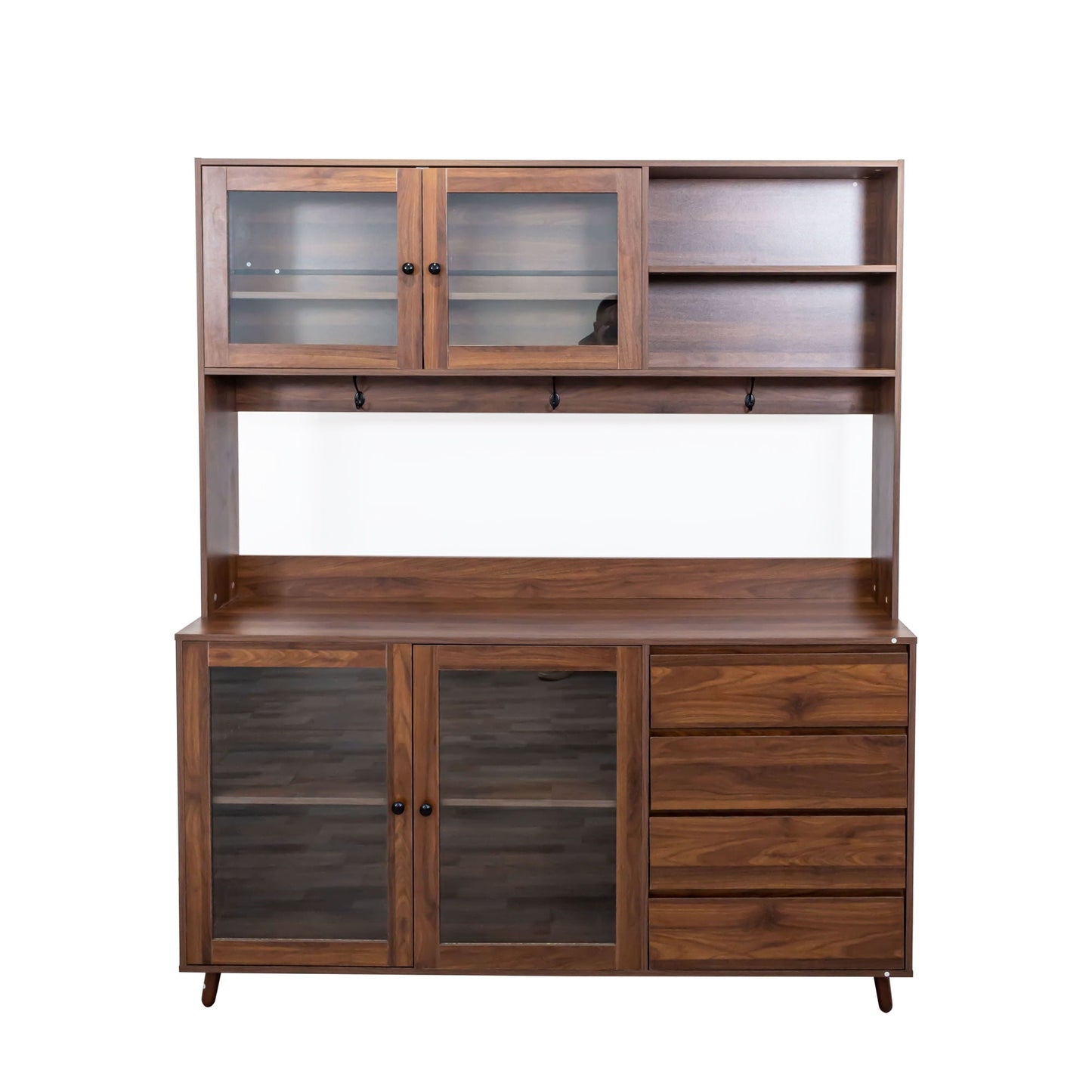 Large Kitchen Hutch Cabinet, Storage Kitchen Cupboard With 4 Doors, 4 Drawers & Microwave Shelf - Walnut