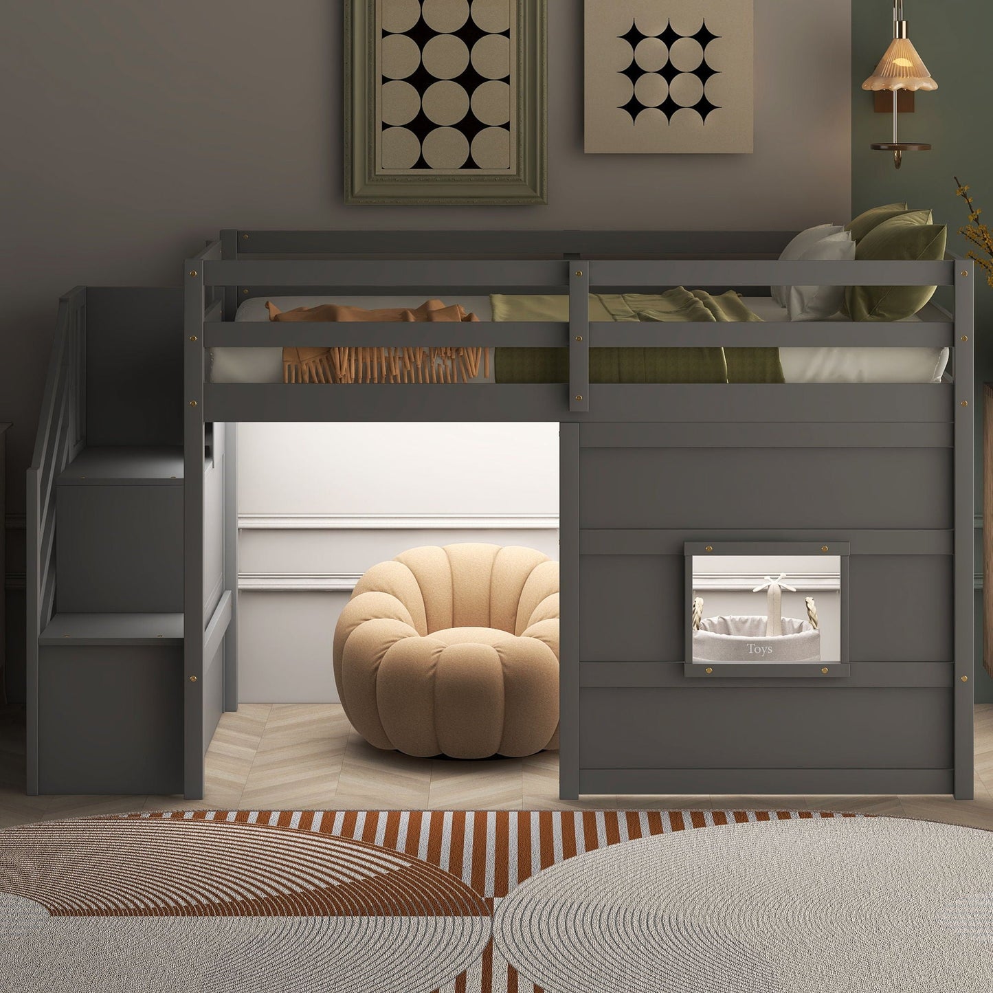 Loft Bed With Storage Staircase, Window & LED Light