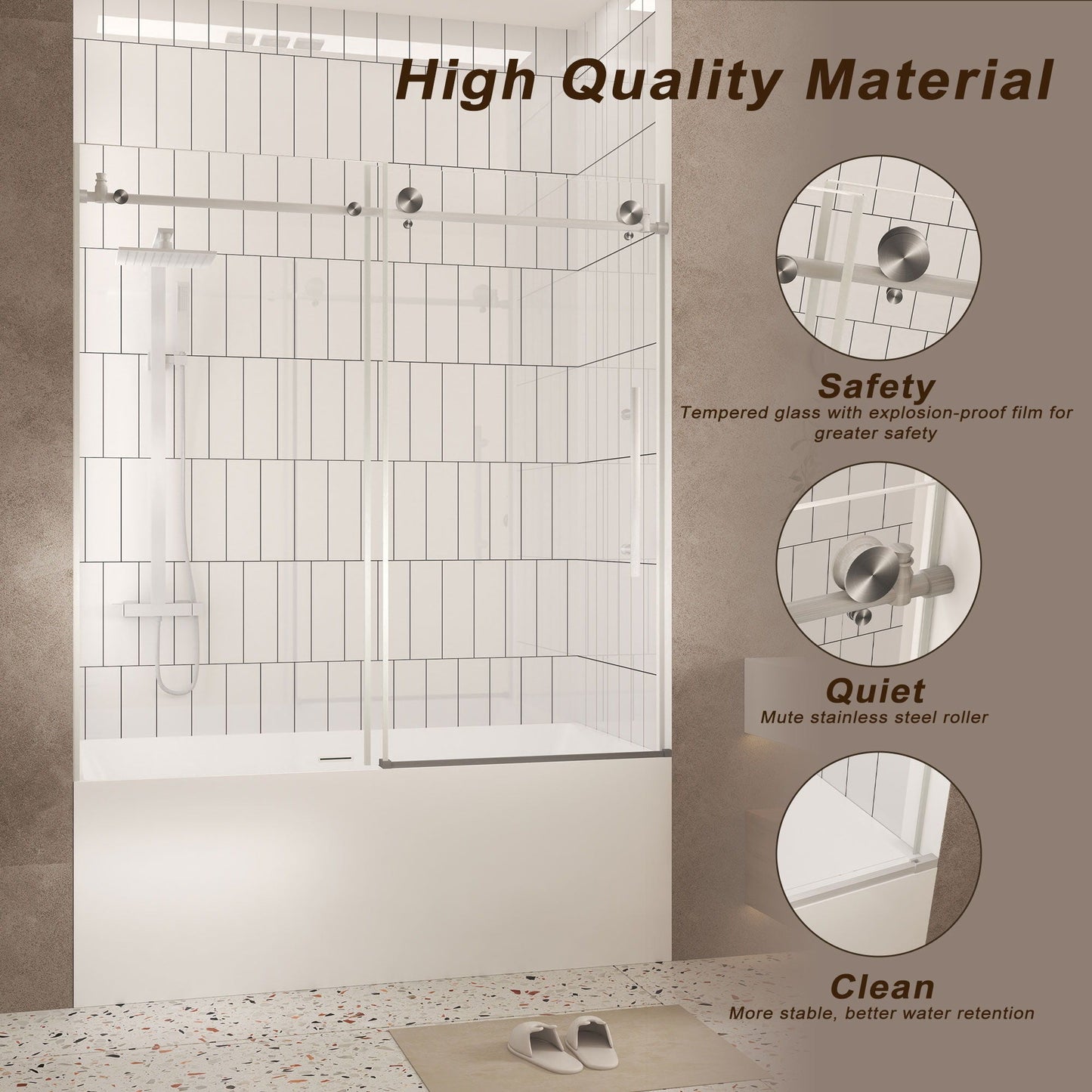 Frameless Shower Door, Smooth Sliding Tracks