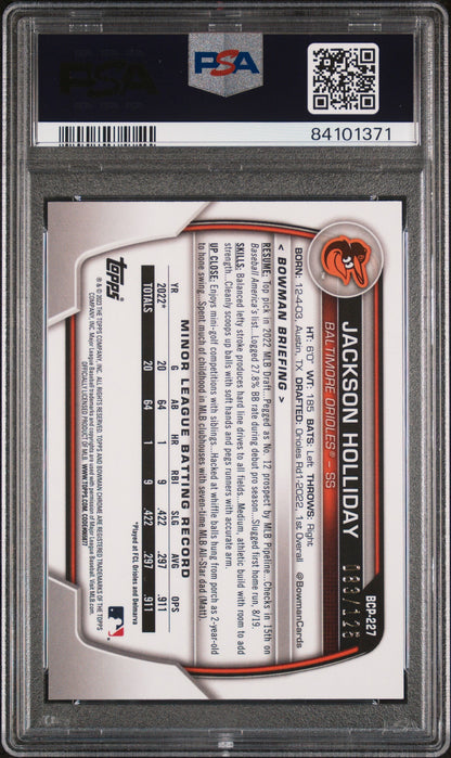 Graded 2023 Topps Bowman Chrome Jackson Holliday #BCP227 Prospects Aqua /125 Rookie RC Baseball Card PSA 10 Gem Mint