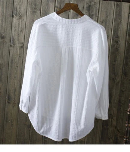 100% cotton white blouse women shirt spring summer elegant V-Neck ladies tops haut femme