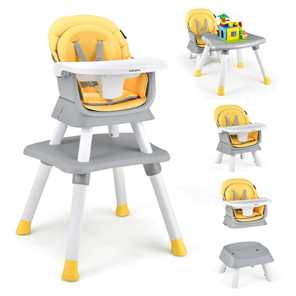 6-in-1 Convertible Baby High Chair with Adjustable Removable Tray-Yellow