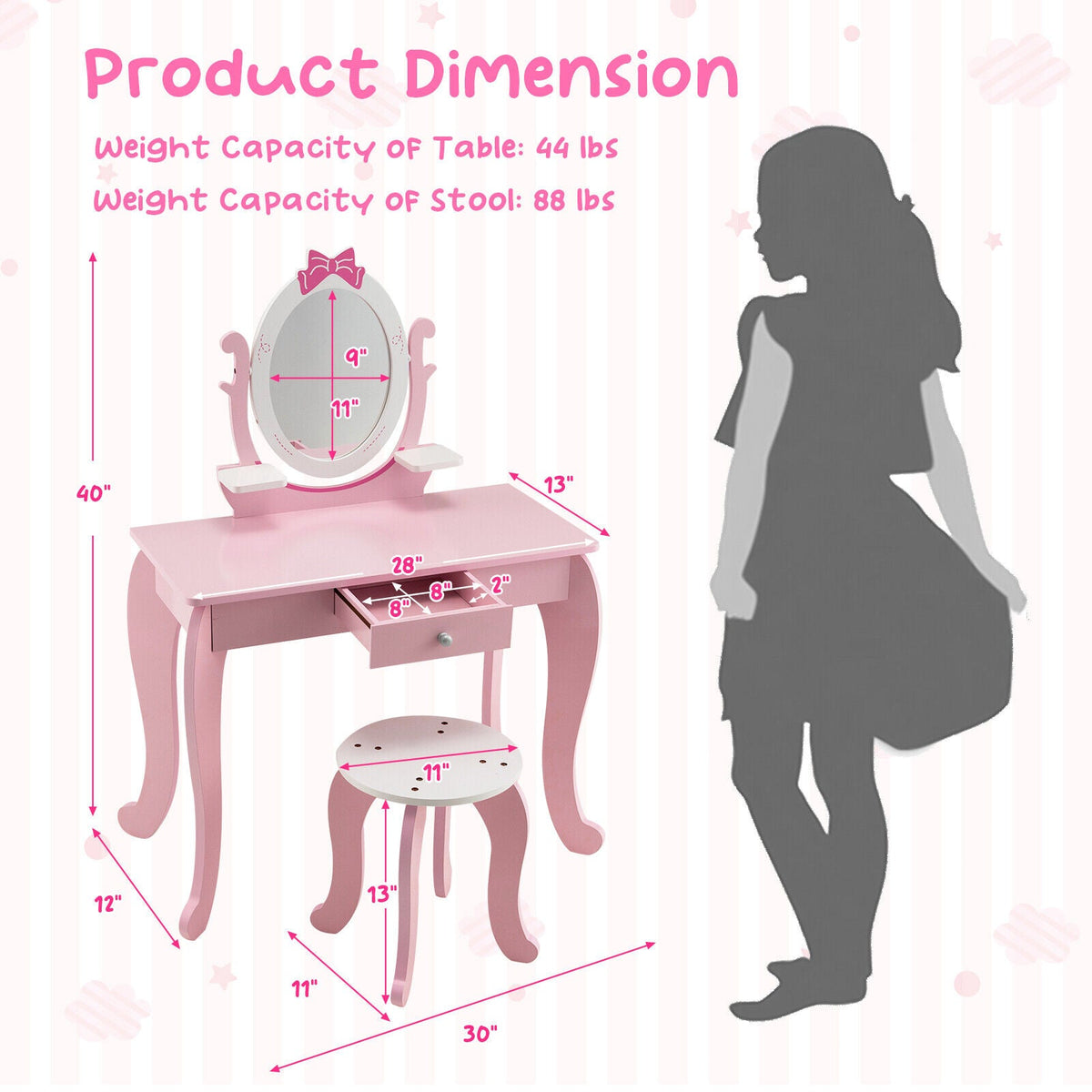 Kid Vanity Table Stool Set with Oval Rotatable Mirror-Pink