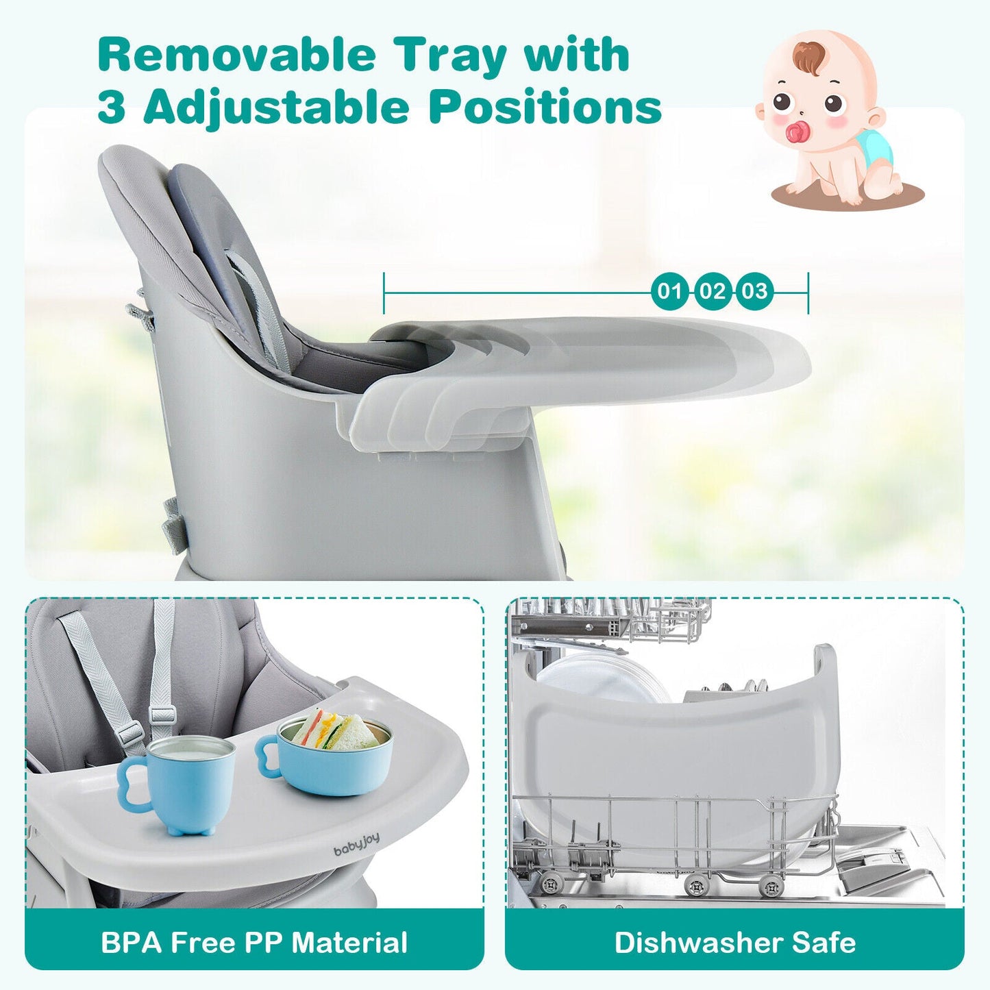 6-in-1 Convertible Baby High Chair with Adjustable Removable Tray-Gray