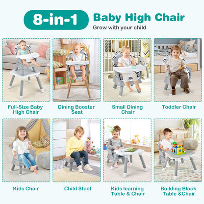 6-in-1 Convertible Baby High Chair with Adjustable Removable Tray-Gray and White