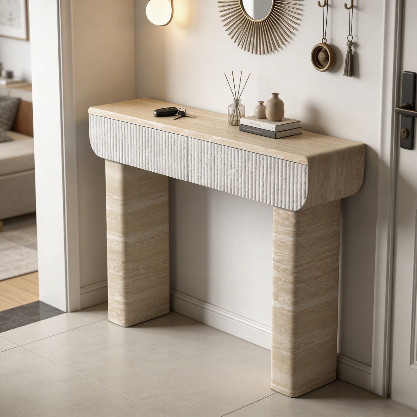 Entryway Table With 2 Hidden Handle Drawers For Entrance - Beige / Yellow