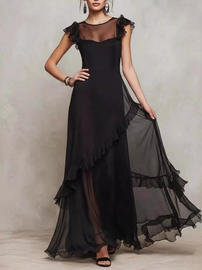 Sheer Ruffle Trim Maxi Dress