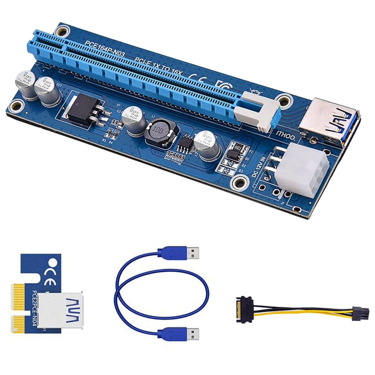 5-Pack PCI-E 1X to 16X GPU Riser Adapters with USB 3.0 & Power Cables