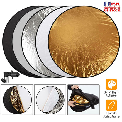 22.8In 5 In 1 Photography Light Reflector Collapsible Multi Disc Round Light Diffuser w/ Storage Bag Translucent Silver Gold White Black 5 Colors Refl