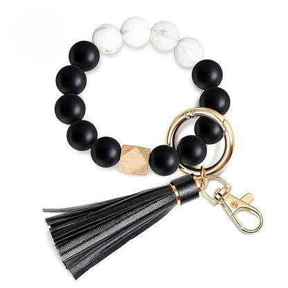 PU Tassel Keychain Bag charm Silicone Beaded Keychain Wristlet Key Ring Bracelet Cute Car Key Chain Holder for Women Girls