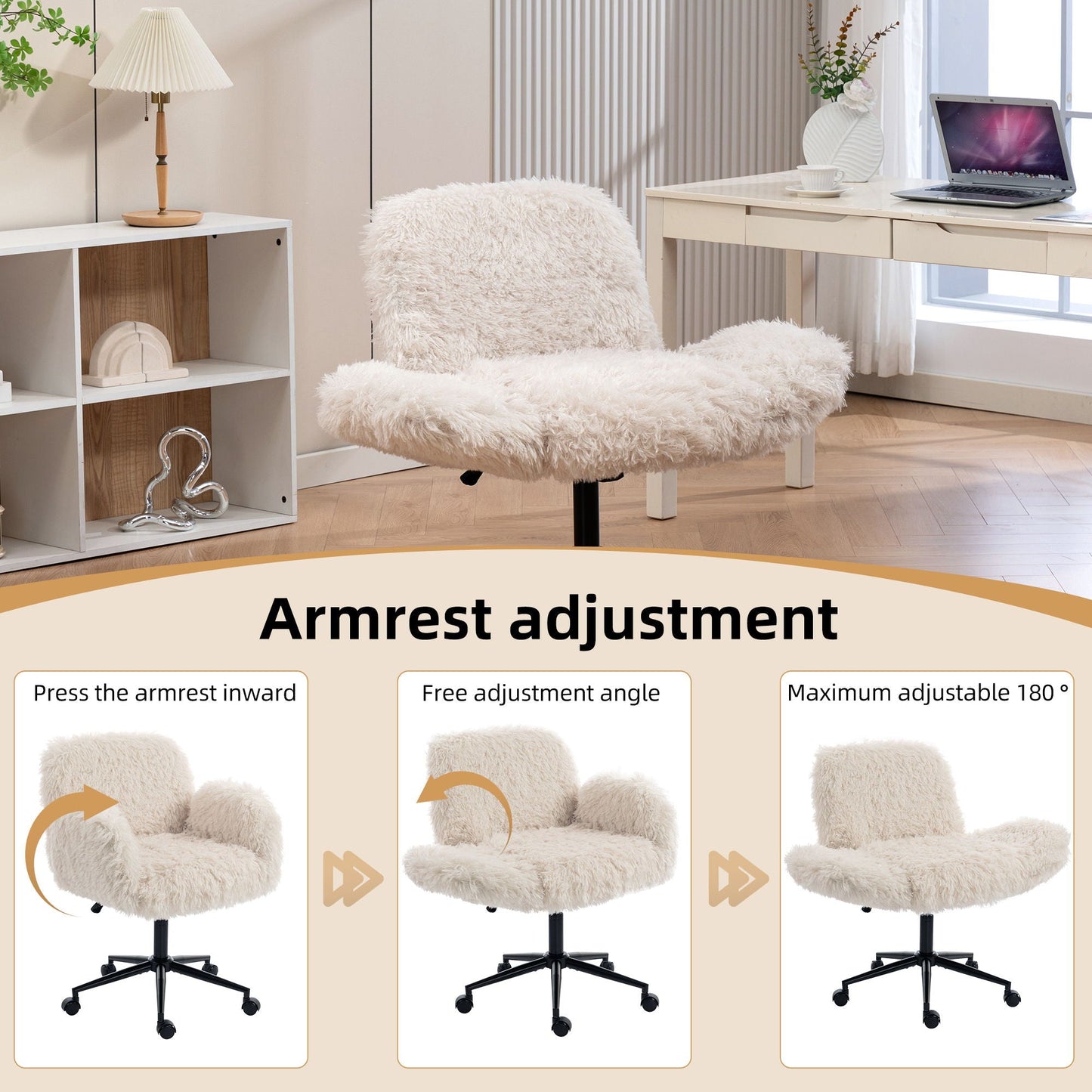Swivel Chair With Adjustable Armrests And Wheels For Home Office - Beige