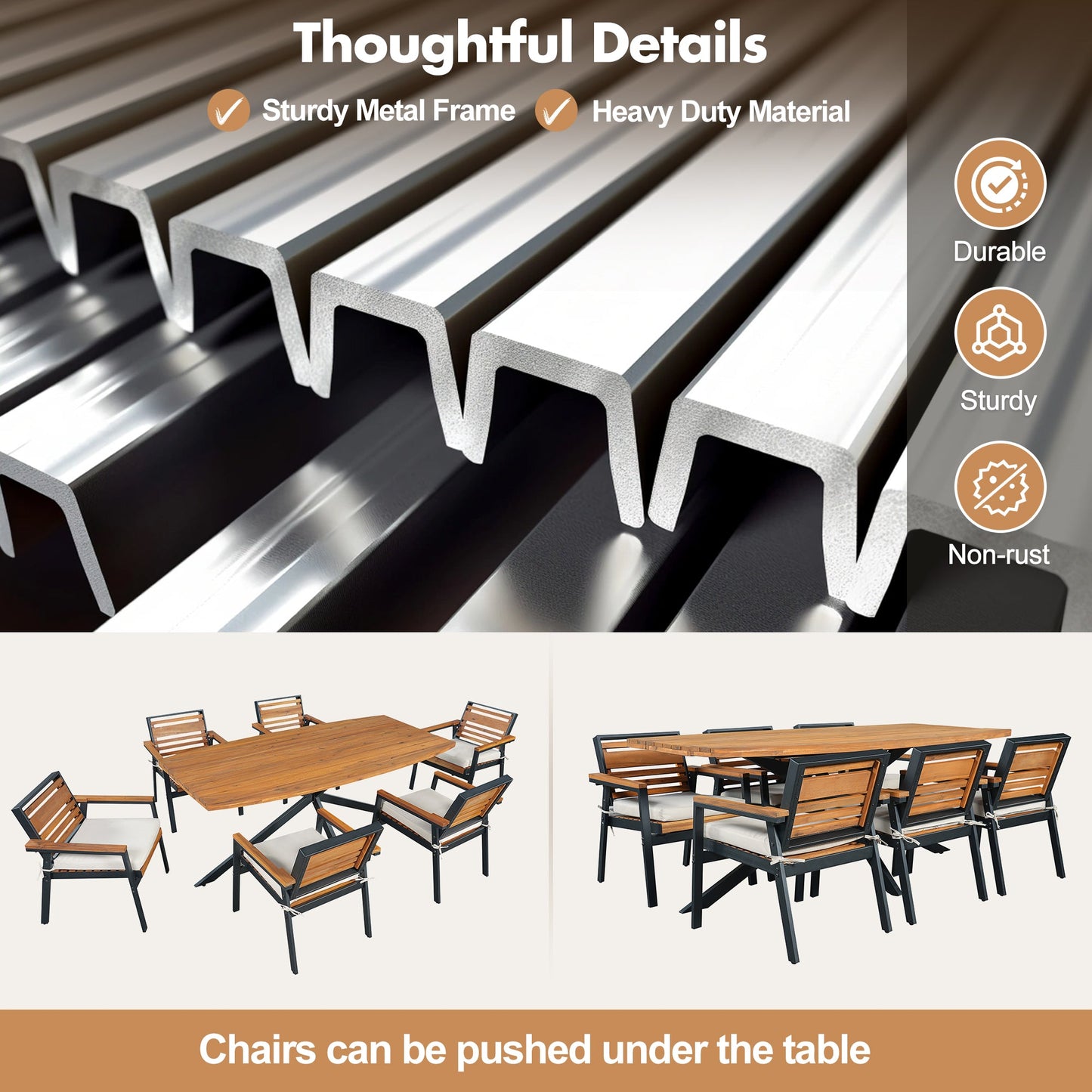 Modern 7-Piece Dining Set with Acacia Wood and Iron Frame