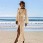 Sexy Hollow-Out Knitted Beach Dress ¨C Long Sleeve Split Hem Bikini Cover-Up, Vacation Maxi Kimono