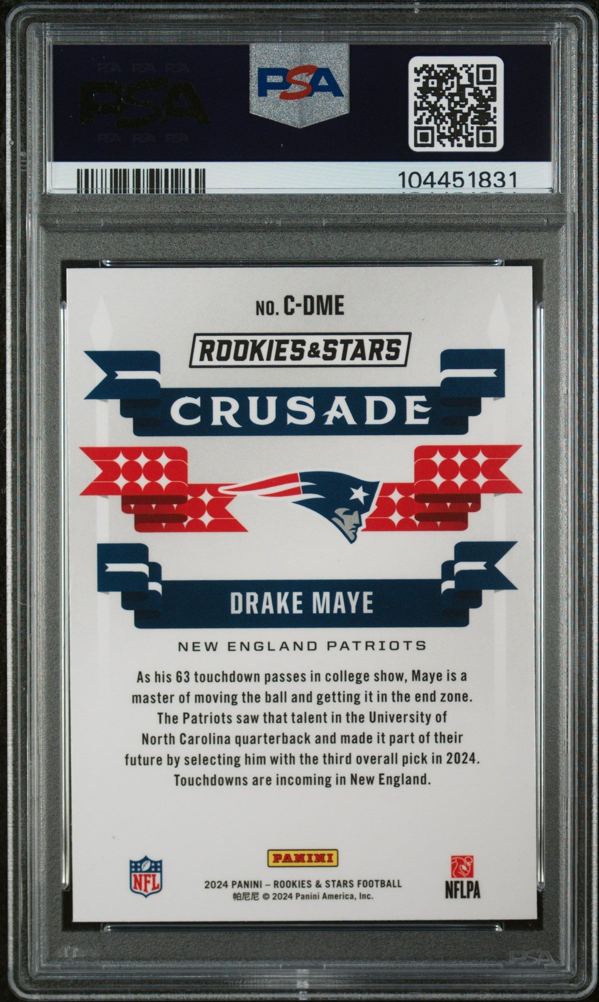 Graded 2024 Panini Rookies & Stars Drake Maye #CDME Crusade Rookie RC Football Card PSA 10 Gem Mint
