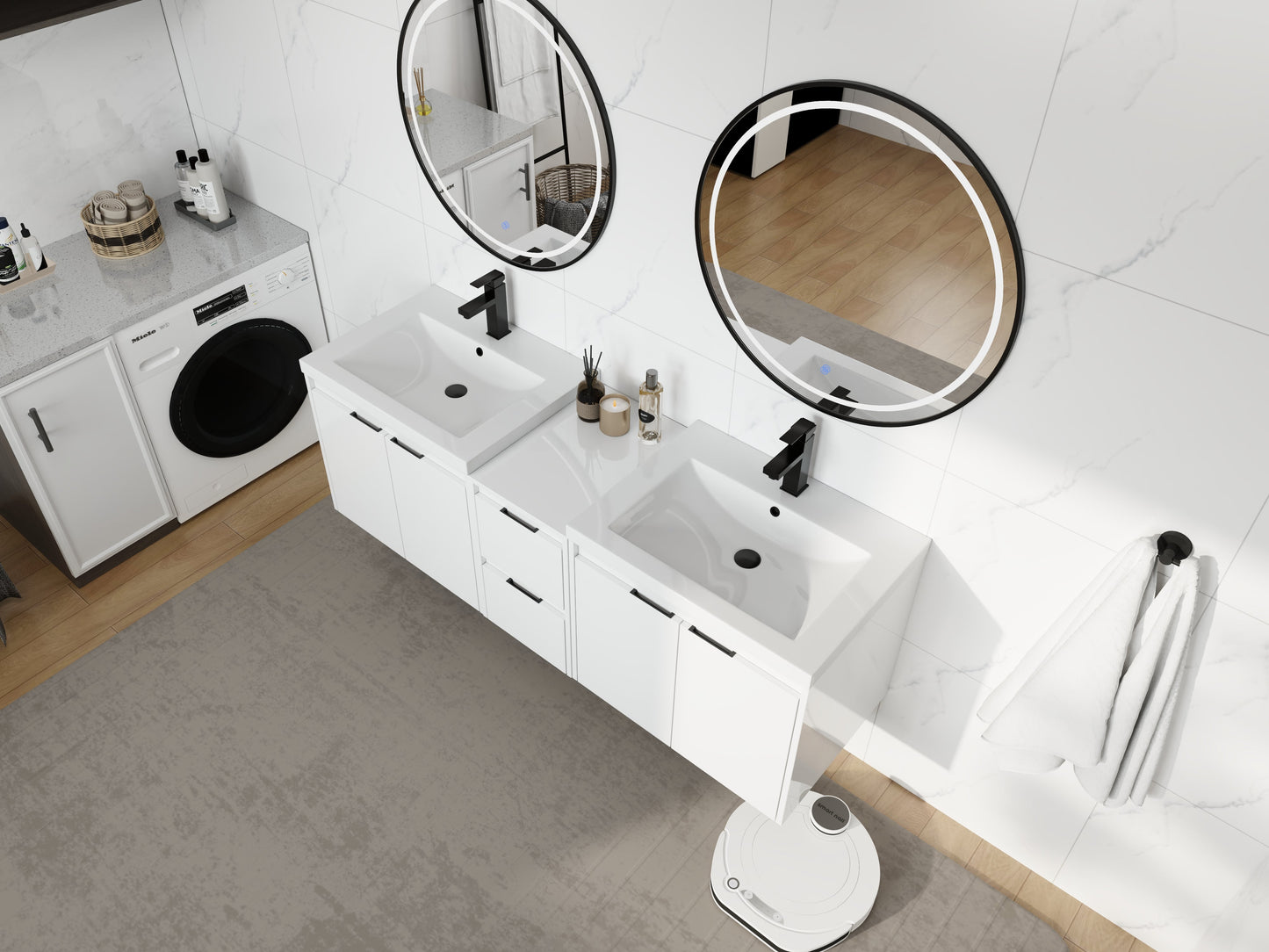 60" Bathroom Vanity With Resin Sink, Soft Close Doors and 1-Side Cabinet