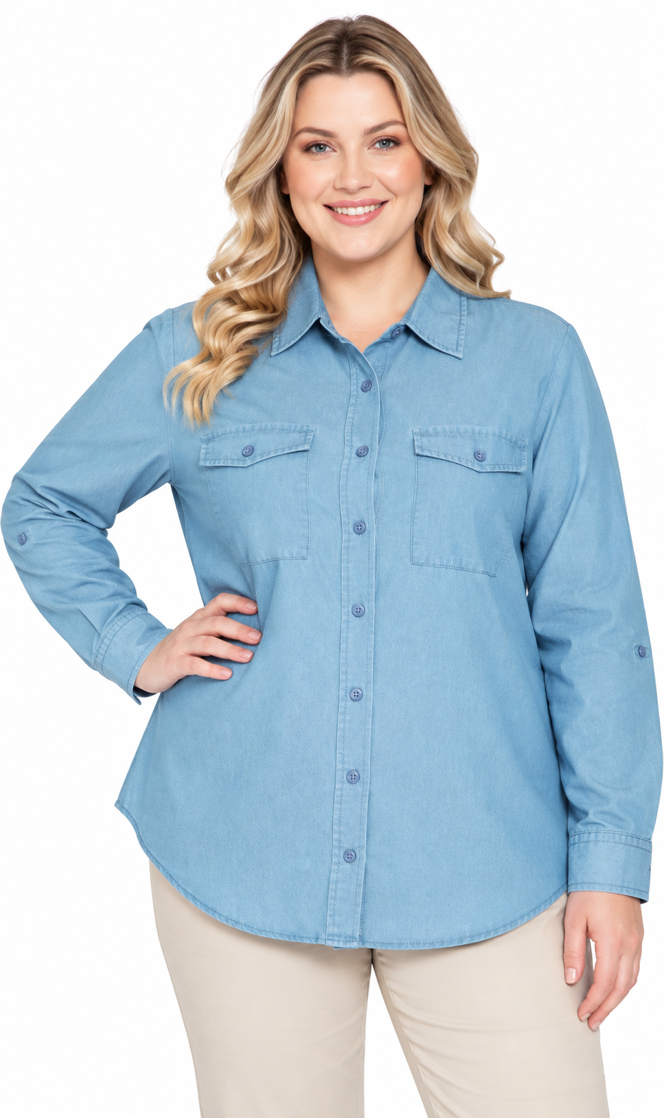 Women's Long Sleeve Button Down Denim Shirt with Front Pocket