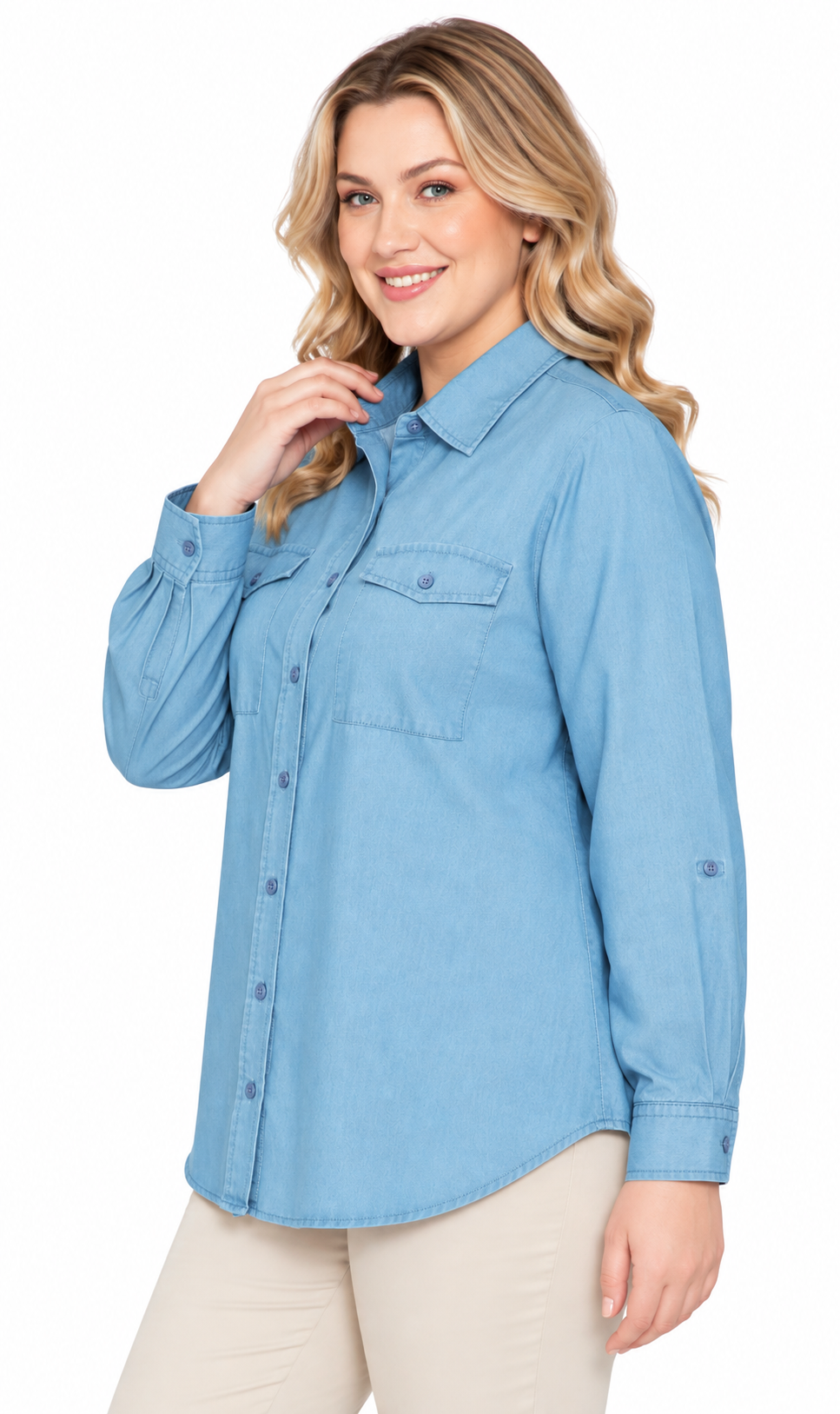 Women's Long Sleeve Button Down Denim Shirt with Front Pocket