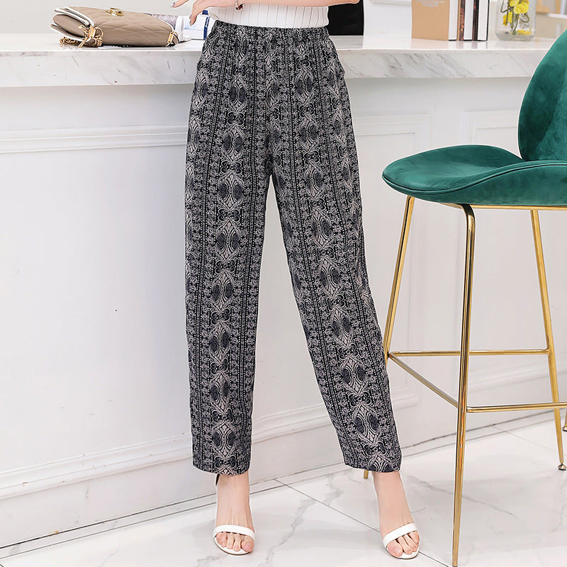 Vibrant Red & Blue Floral Cotton Linen Bloomers | Plus Size Breathable Mother Pants High-Waisted Comfort Slacks