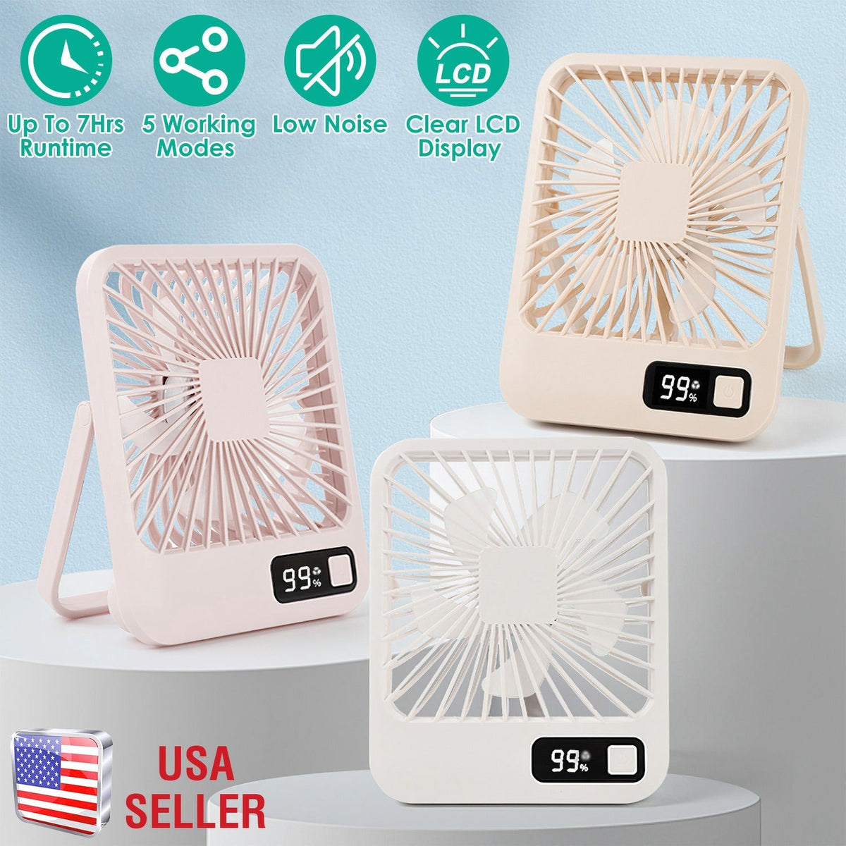 Mini Desktop Cooling Fan Rechargeable Battery Powered Personal Fan Speed Adjustment Strong Airflow Quiet Travel Fan with LCD Display for Home Office T