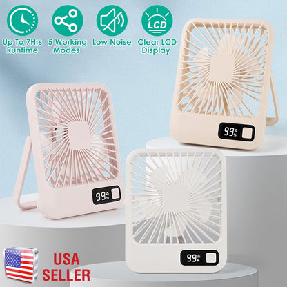 Mini Desktop Cooling Fan Rechargeable Battery Powered Personal Fan Speed Adjustment Strong Airflow Quiet Travel Fan with LCD Display for Home Office T