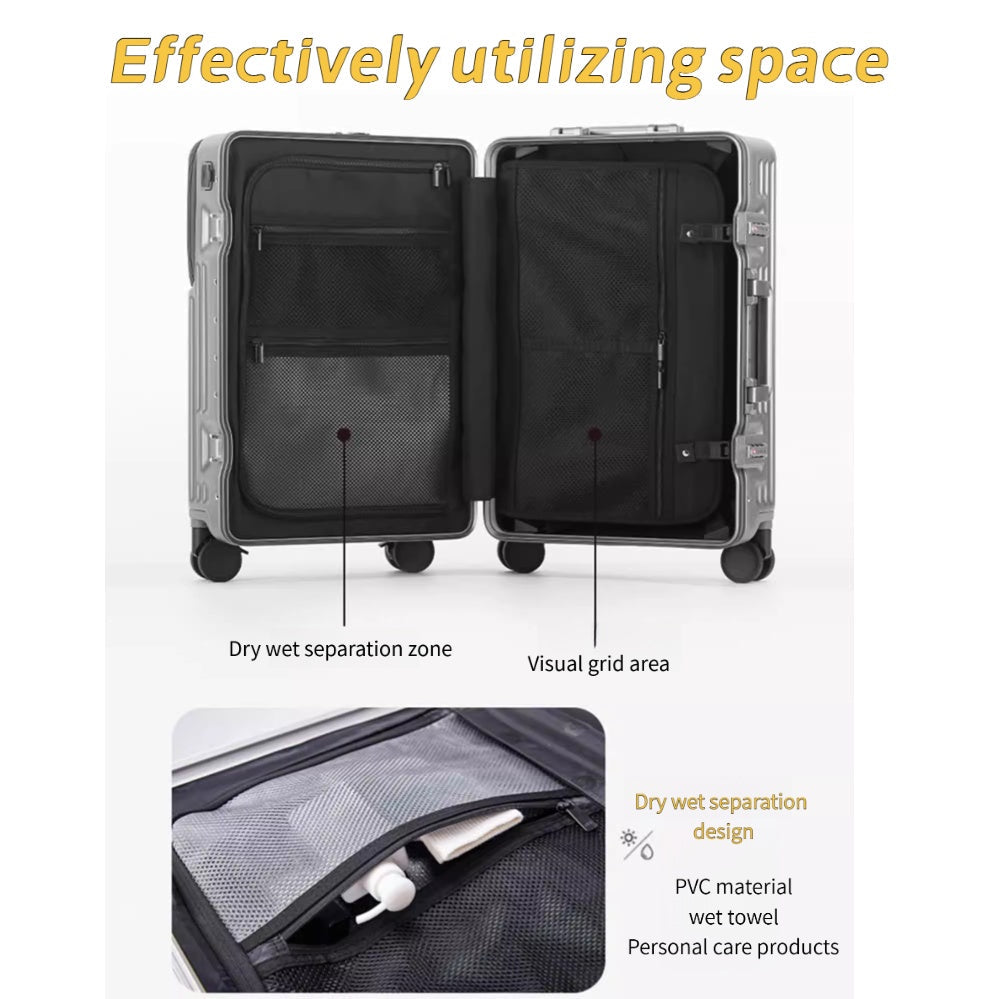 Frame Luggage, Front Open Lid Luggage, 20 Inch 24 Inch Large Capacity, TSA Lock, Universal Wheel Aluminum Frame Luggage, Sturdy And Durable Bag Set