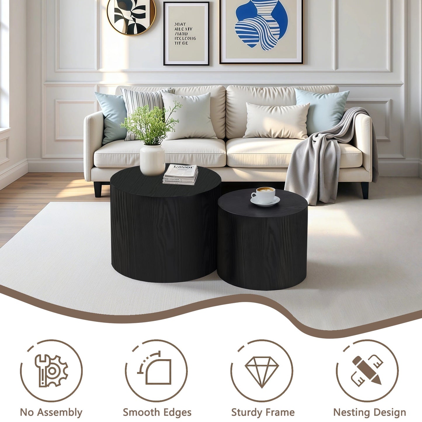 Nesting Coffee Table Set of 2, Modern Round Wood Side Tables