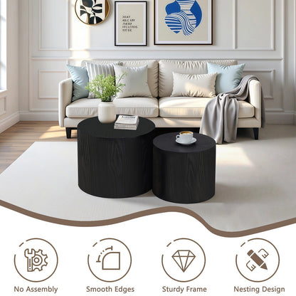 Nesting Coffee Table Set of 2, Modern Round Wood Side Tables