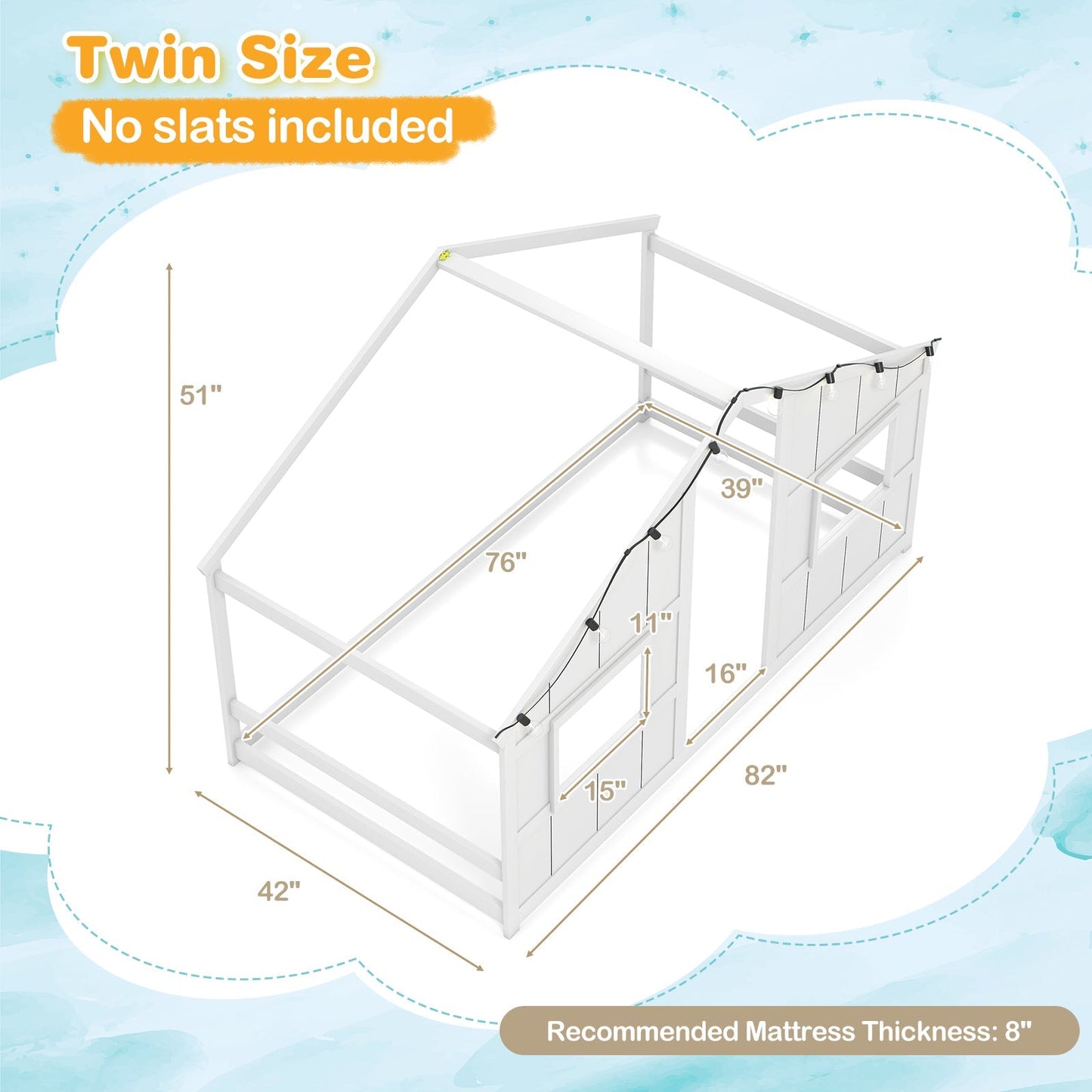 Twin Size House Bed with LED Lights Montessori Slat-free Floor Bed