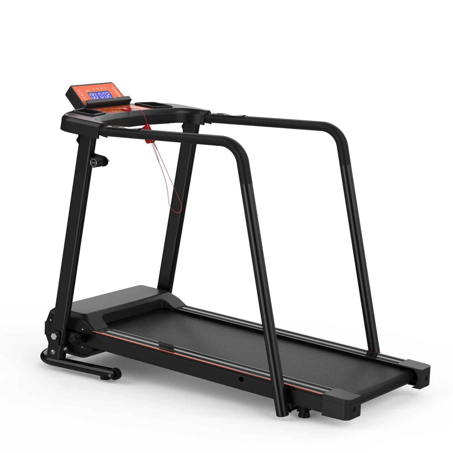 Home Fitness Treadmill With Extended Handrails, Portable Foldable Design - Black / Orange