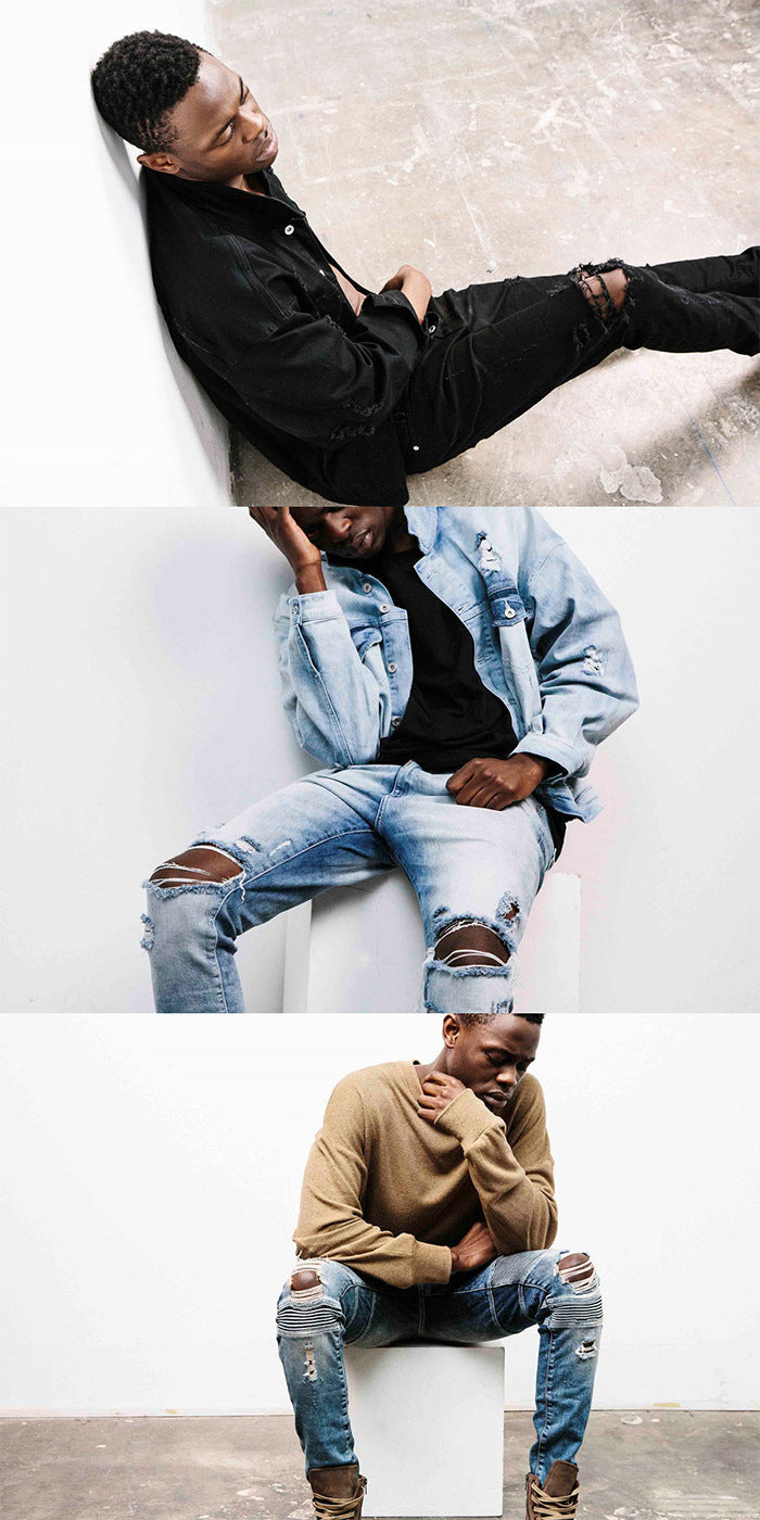 Street men's knee-skinned jeans