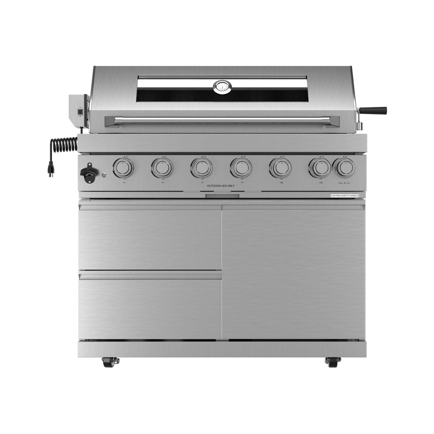 Castelle Flame Blaze 108-Inch 6-Burner 85K BTU Deluxe Stainless Steel Liquid Propane Outdoor Kitchen Grill Island With Wine Cooler, Rotisserie, Cabinets, And Granite Countertops (SAK58310)