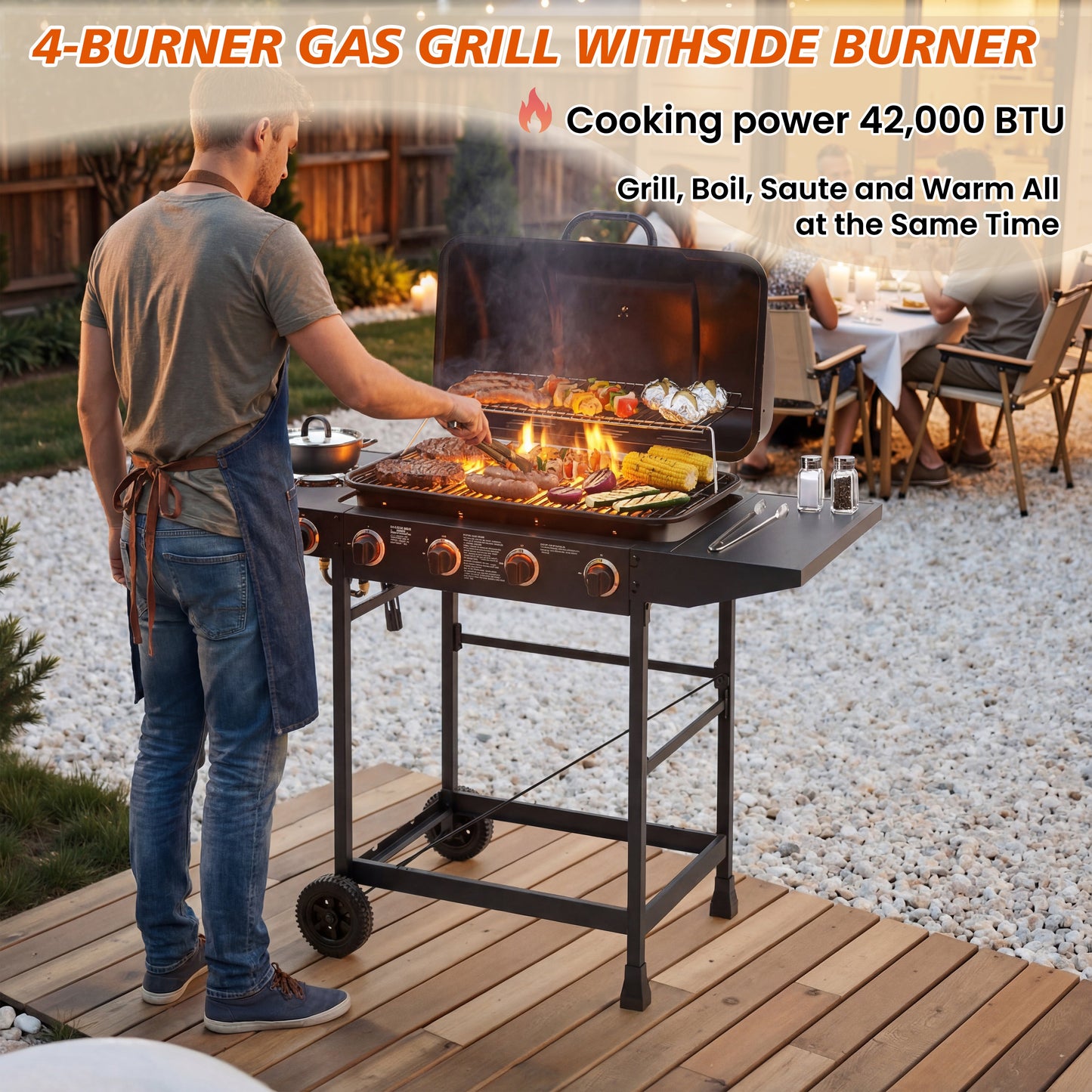 4 Burner Propane Gas BBQ Grill with Side Burner