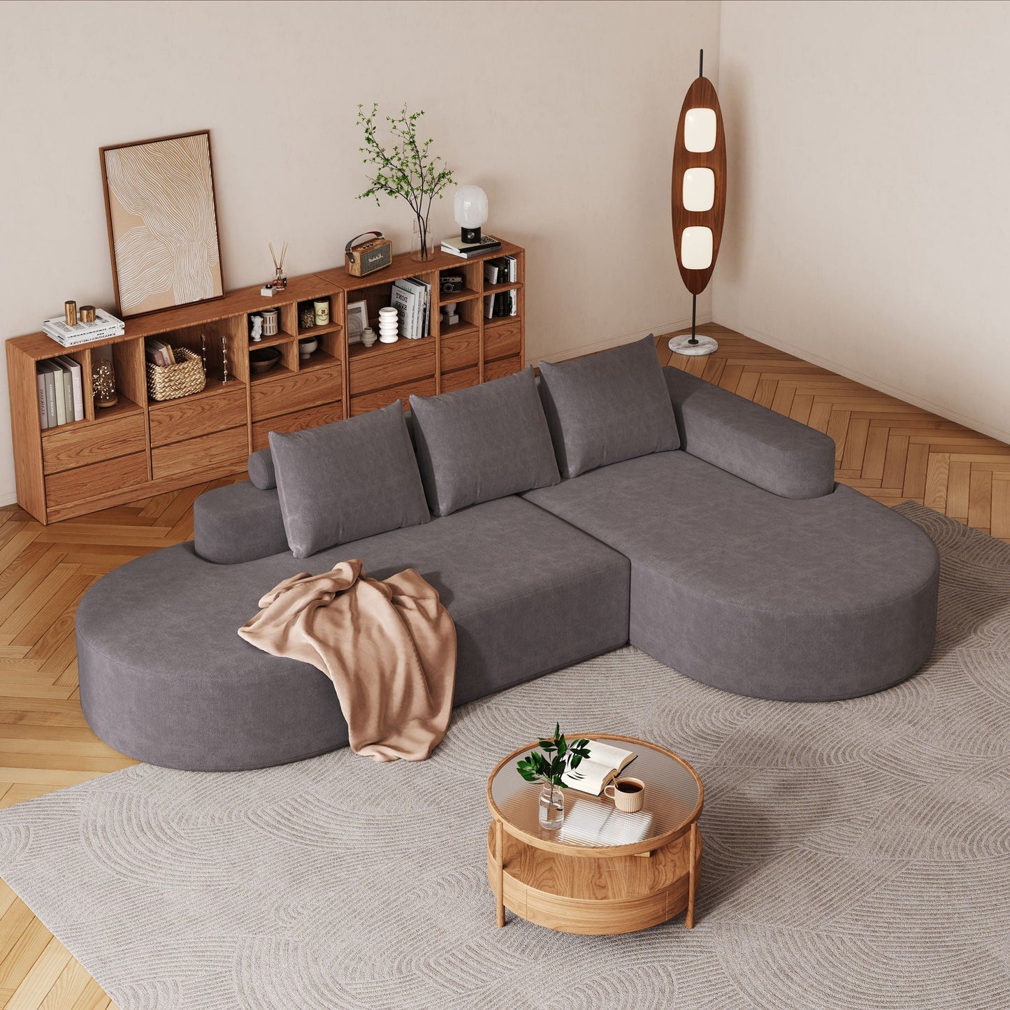 Modern Curved Sofa, L-Shaped Modular Sectional Set With 3 Pillows