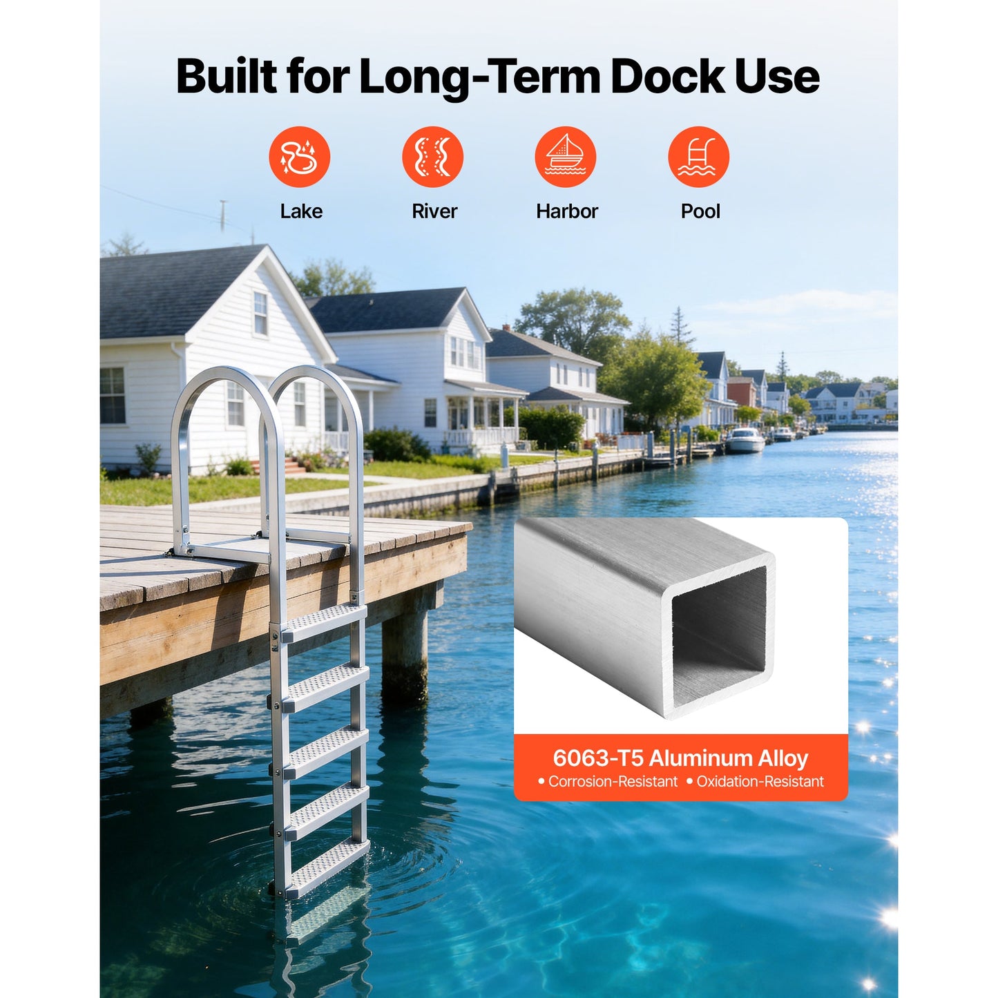 Removable Dock Ladder, 5 Steps, Aluminum Alloy Pontoon Boat Swim Ladder