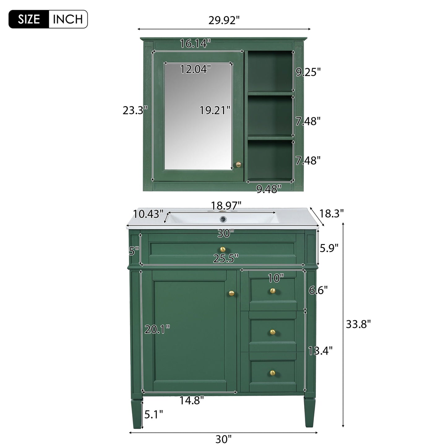 Bathroom Vanity With Top Sink, 2 Doors And 3 Drawers, Freestanding Set With Mirror Cabinet
