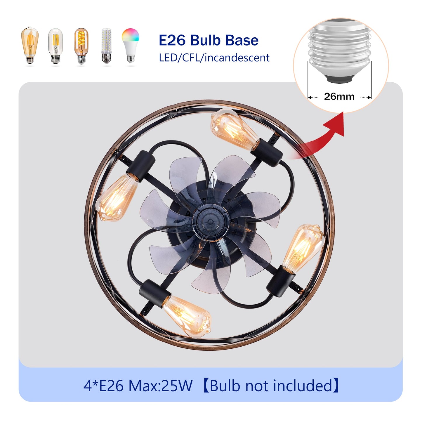 19-Inch 7-Blade Caged Flush Mount Ceiling Fan with Remote Control