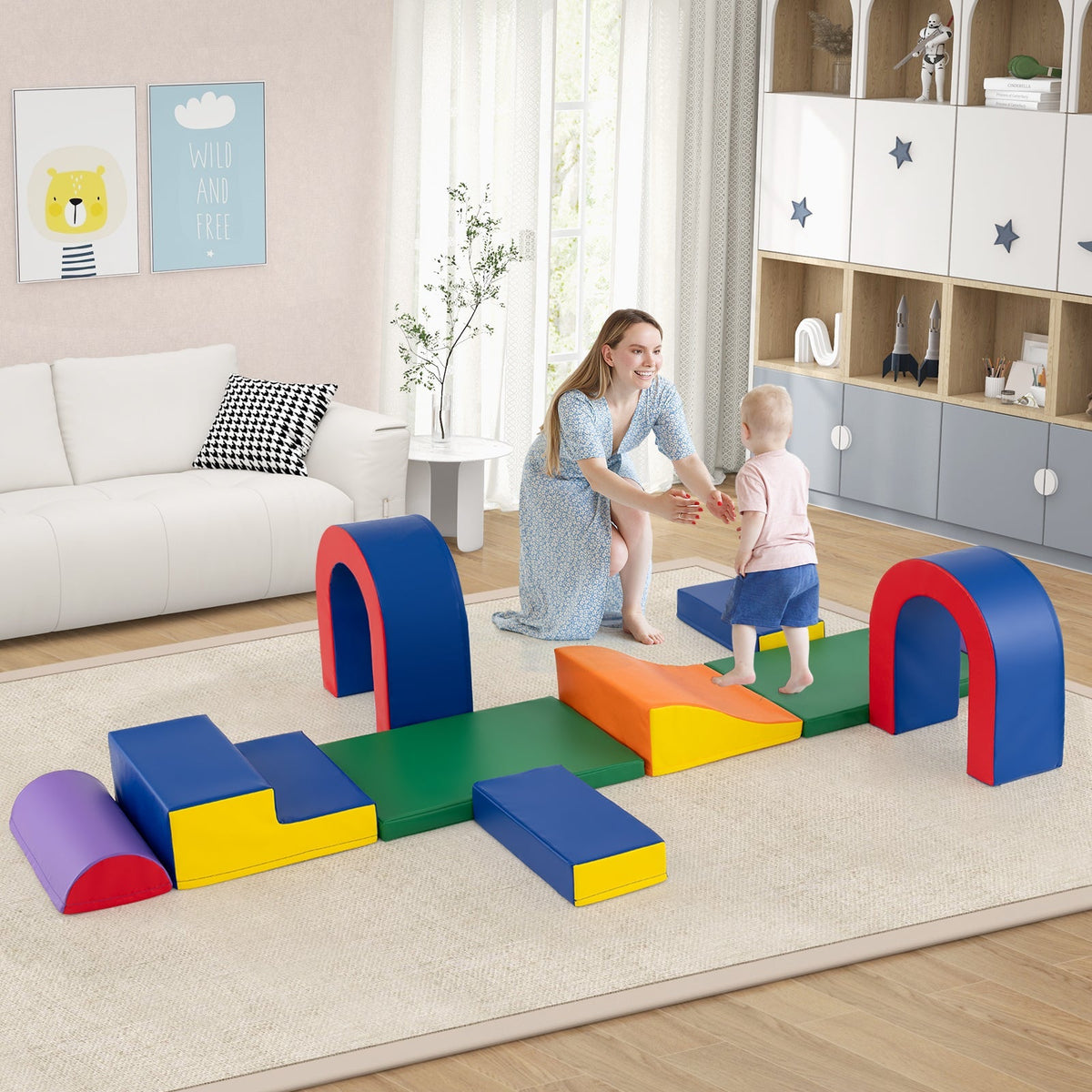 10-Piece Foam Climbing Blocks Soft PU Leather Play Gym Lightweight Baby Climber Structures-Multicolor