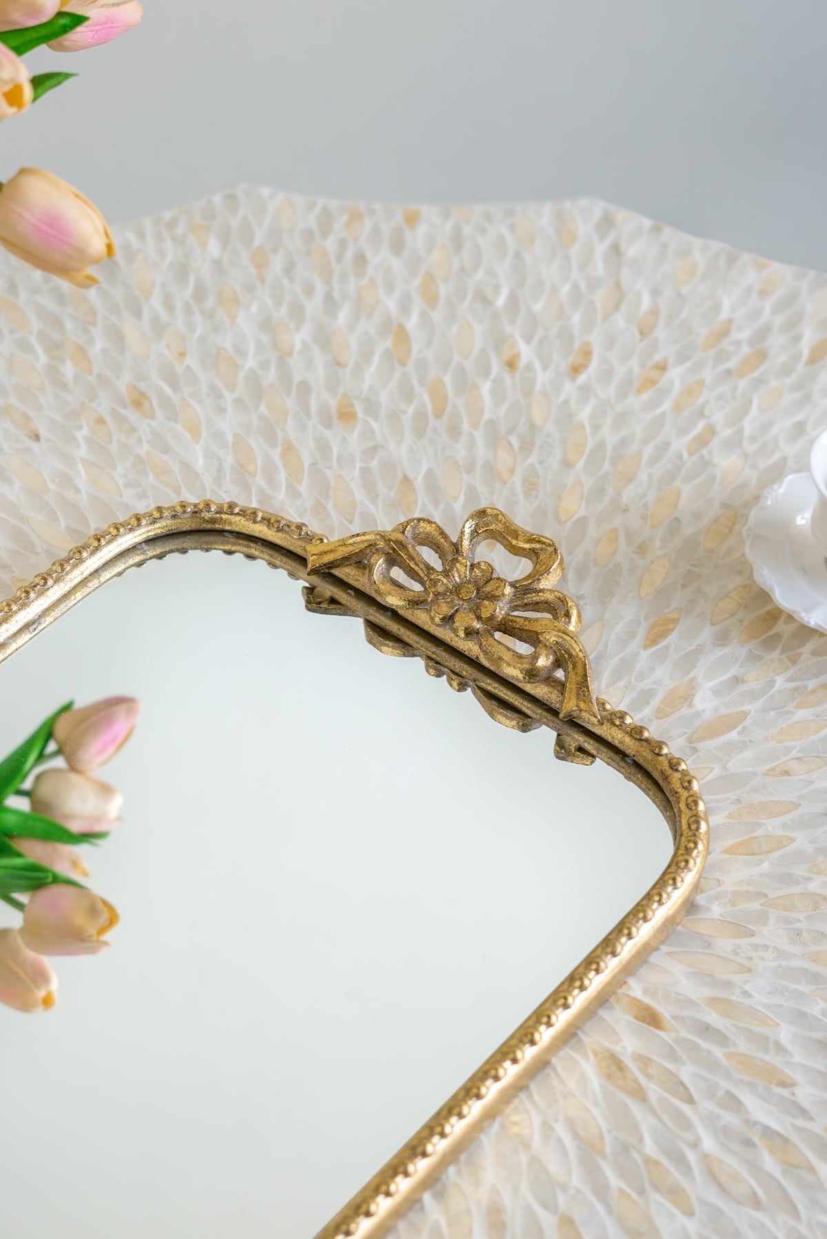 Ornate Gold Accent Tray with Mirrored Surface