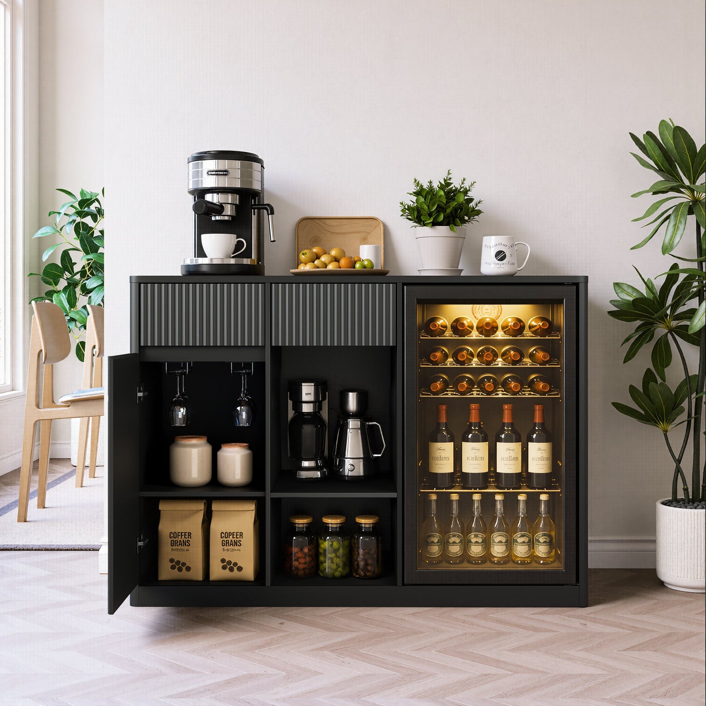 51.2" Modern Fluted Bar Cabinet with Fridge Compartment