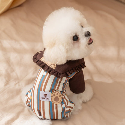 Cute Bear Patch Striped Pet Onesie, Ruffled Collar Dog Jumpsuit With Paw Print Detail For Small Dogs