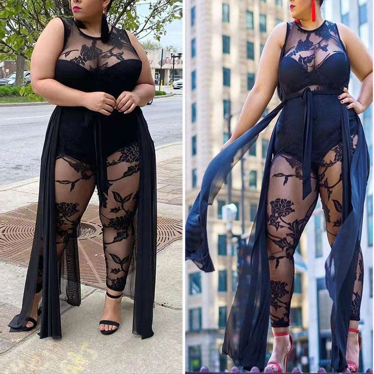 Plus Size Women's Sexy Flocking Jumpsuit Temperament Commuter
