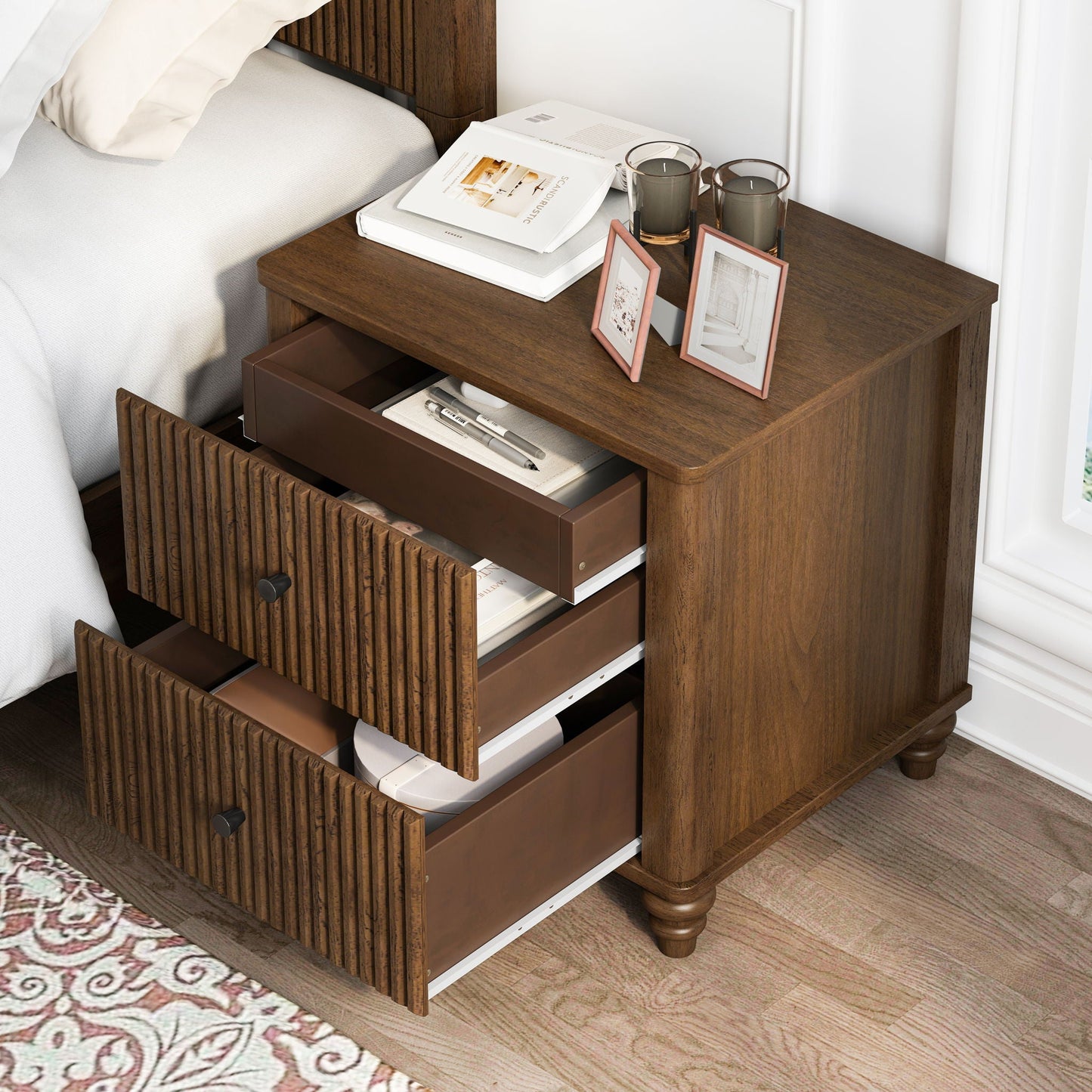 Modern Fluted Nightstand With 3 Drawers