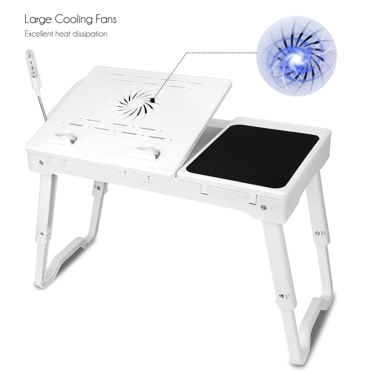 Foldable Laptop Table Bed Notebook Desk w/Cooling Fan Mouse Board LED light 4 x USB Ports Breakfast Snacking Tray with Storage Groove For Home Office