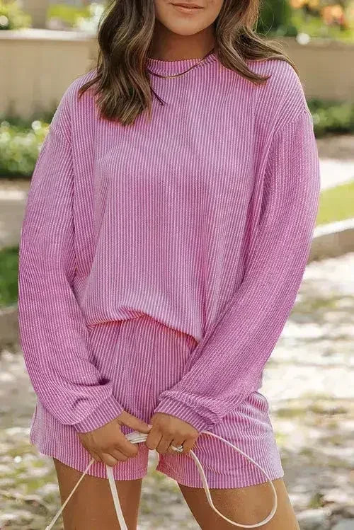 Parchment Corded Knit Long Sleeve Top and High Waist Shorts Set