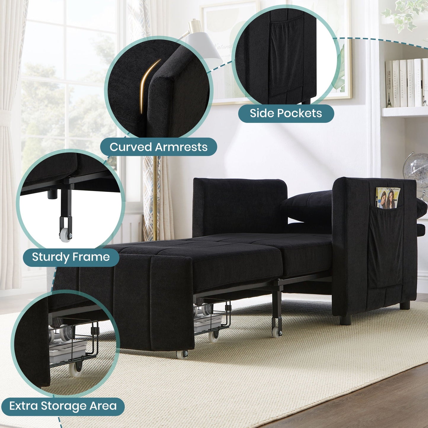 Upholstered Convertible Sleeper Sofa With 5 Position Backrest, Side Pockets, Storage