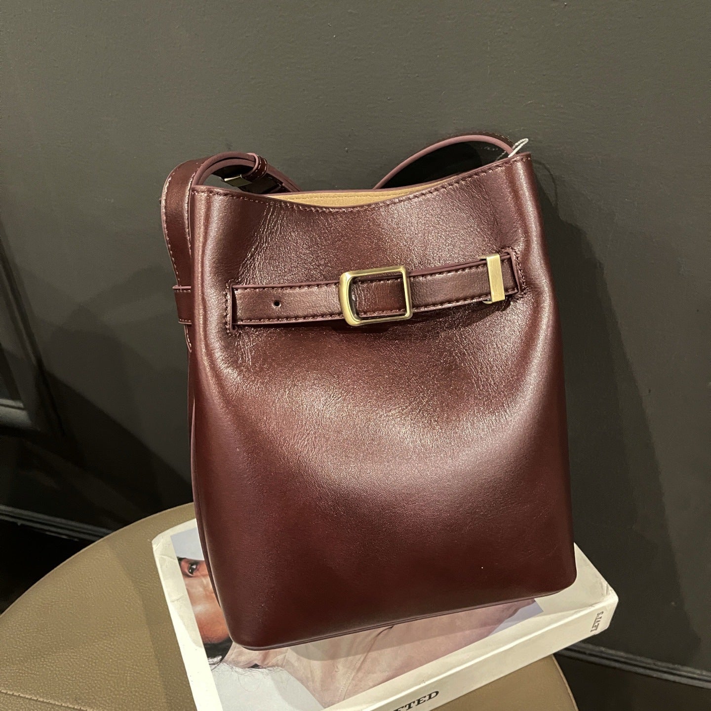 Vintage High-end Feel Bucket Bag, Genuine Leather Ladies' Shoulder Bag, Vintage Top-grain Cowhide Crossbody Bag For Women