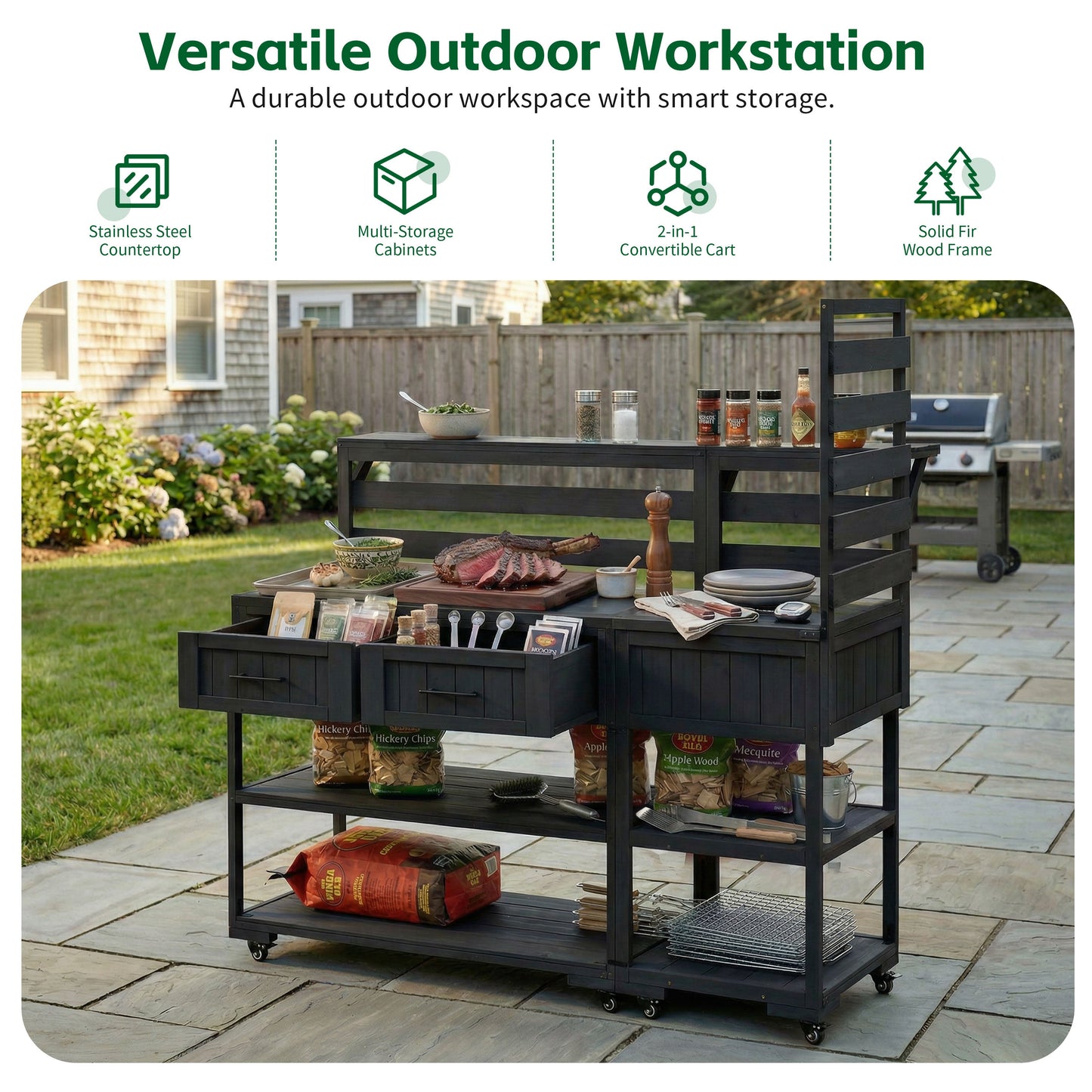 TOPMAX 62.3'' Patio Kitchen Island Solid Wood Kitchen Cart