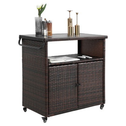 Outdoor Wicker Bar Cart with Glass Top and Wheels - Light Brown